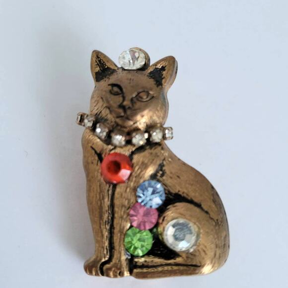 Vintage Small Cat Pins Antique Gold Rhinestone Silver Marcasite Style Set of 2 - Picture 3 of 8